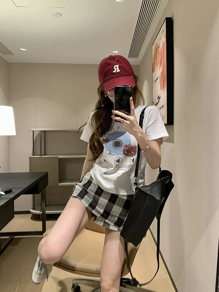 【051】韩系复古凯蒂猫主题曲卡通印花短袖T恤女夏季修身显瘦上衣