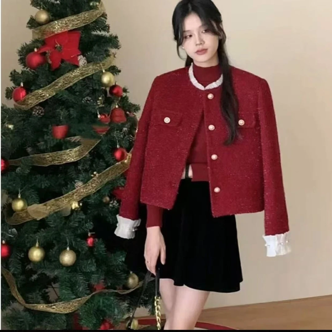 精致细闪小香风外套女冬款爆款钉珠荷叶袖高级感超好看棉服