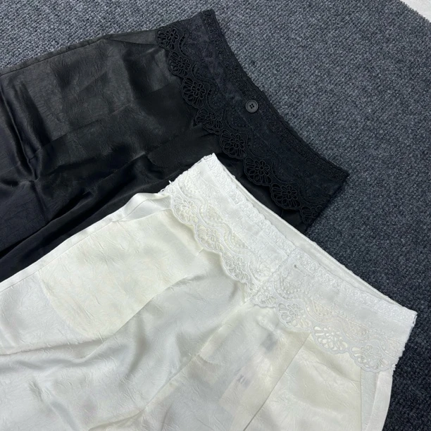 【玫瑰缘】新款百搭时尚气质显瘦洋气修身设计师花边腰头直筒裤