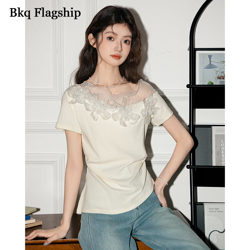 法式气质拼接花朵斜领短袖T恤女2025夏季新款设计感甜美减龄上衣