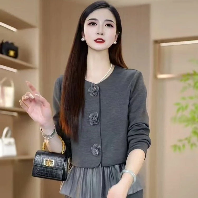 春款气质拼接收腰显瘦圆领套装G洋气减龄妈妈装宽松百搭俩件套
