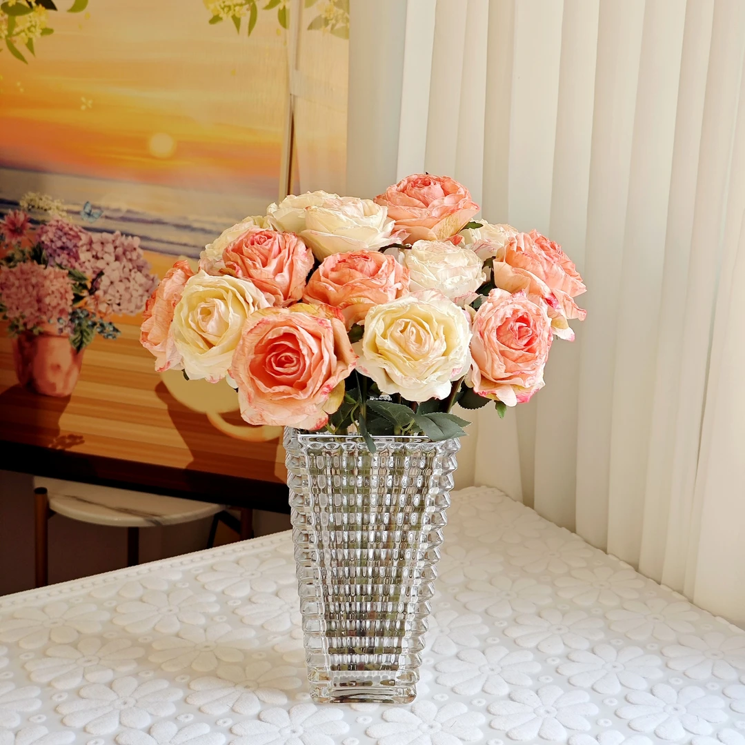 轻奢烤边玫瑰仿真花客厅酒店婚礼手捧花高级感居家假花装饰摆件