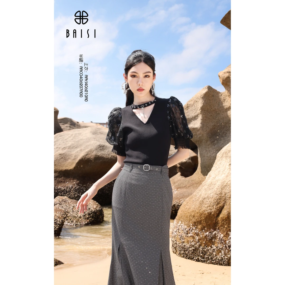 百丝/BAISI商场同步AAYJ406210设计感修身显瘦百搭夏季轻薄针织衫