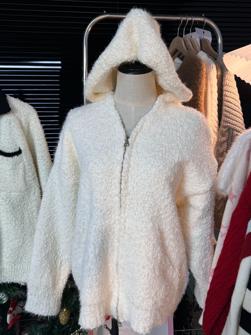 Yorich【奶糯团子】秋冬慵懒风百搭加厚宽松韩版长毛衣开衫外套连帽