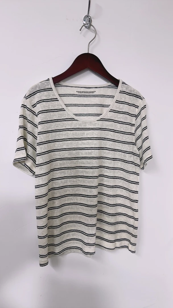 【No退换】东大门U领条纹麻料针织套头短袖