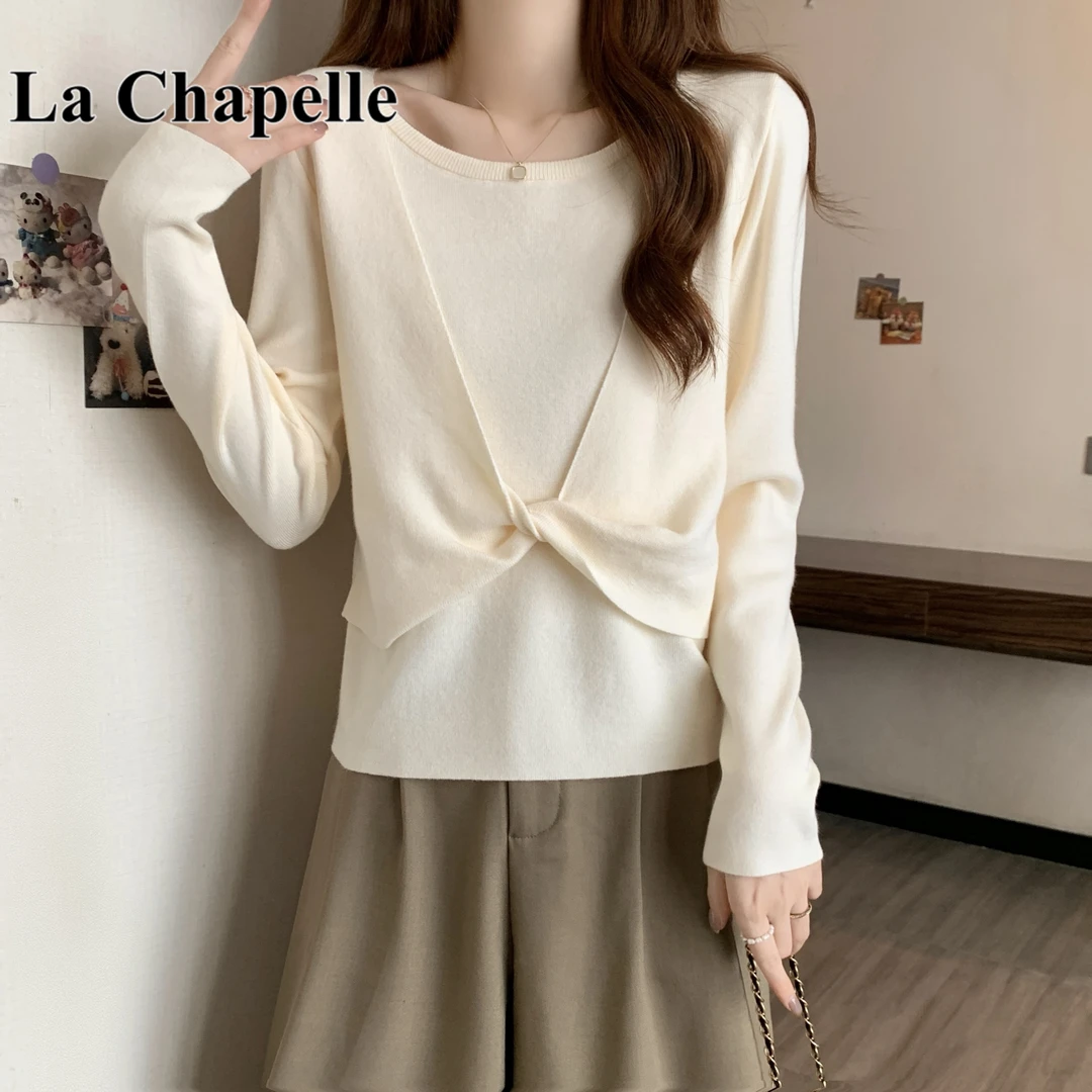 拉夏贝尔假两件长袖针织打底衫女2025早秋大码胖mm显瘦独特上衣女