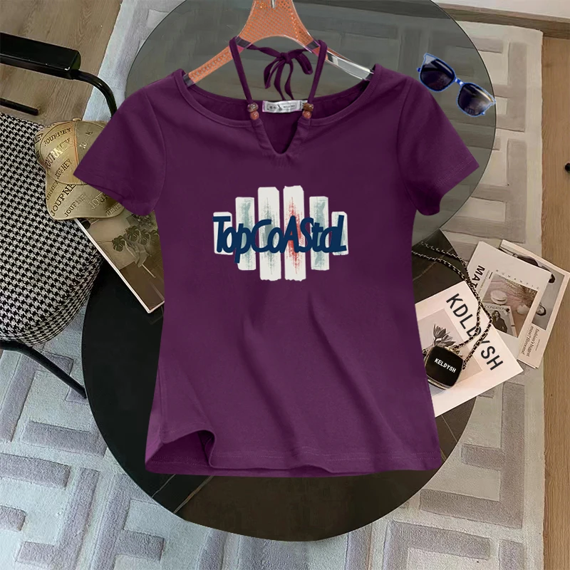 挂脖短袖t恤女2025夏季新款印花露肩修身辣妹短款小众设计感上衣