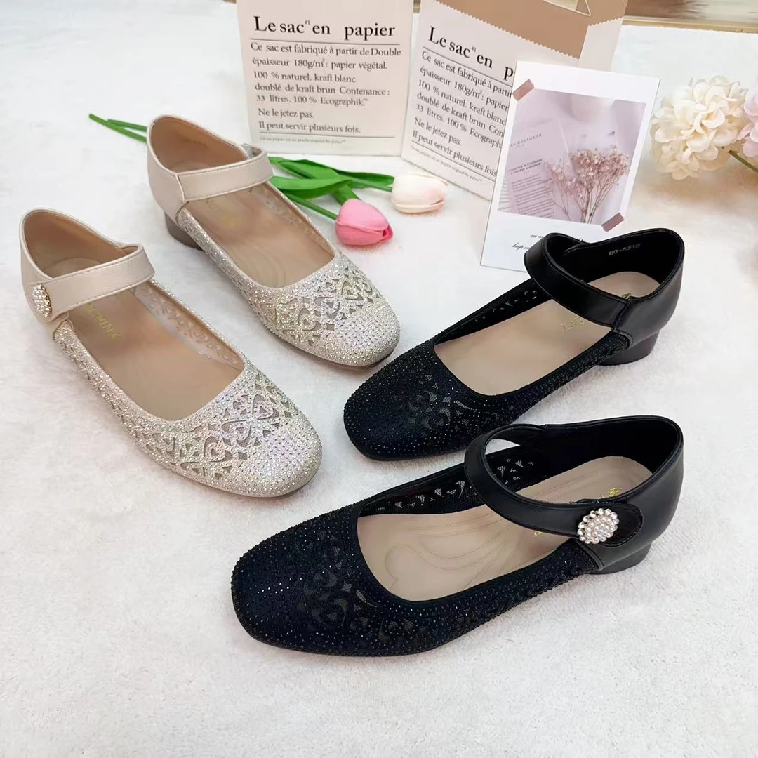 软皮网纱妈妈鞋女粗跟水钻凉鞋夏季软底浅口单鞋大码透气镂空女鞋