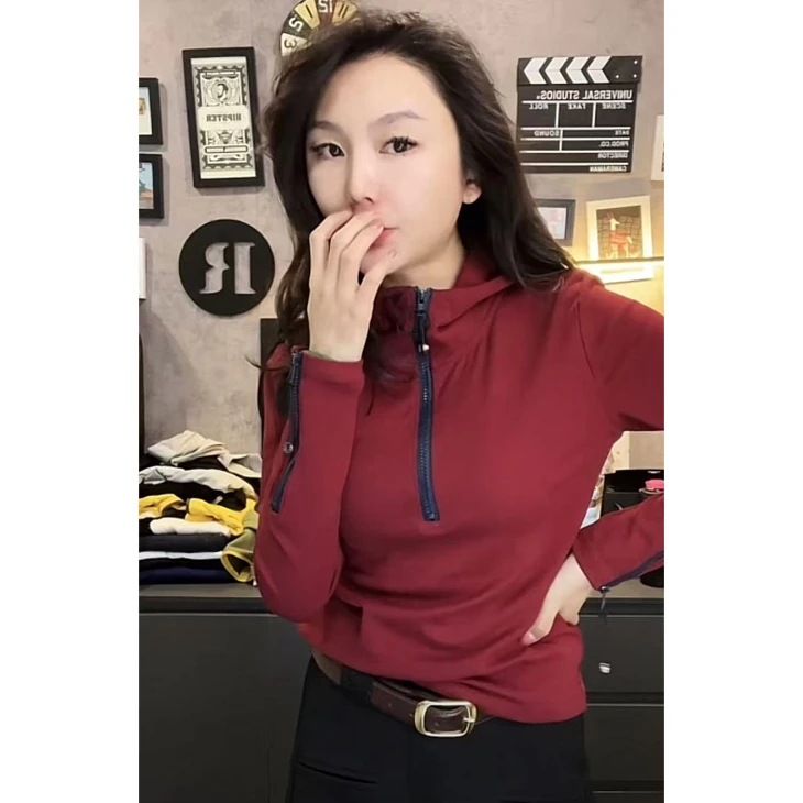 2024新款韩版连帽卫衣女半拉链修身显瘦百搭上衣