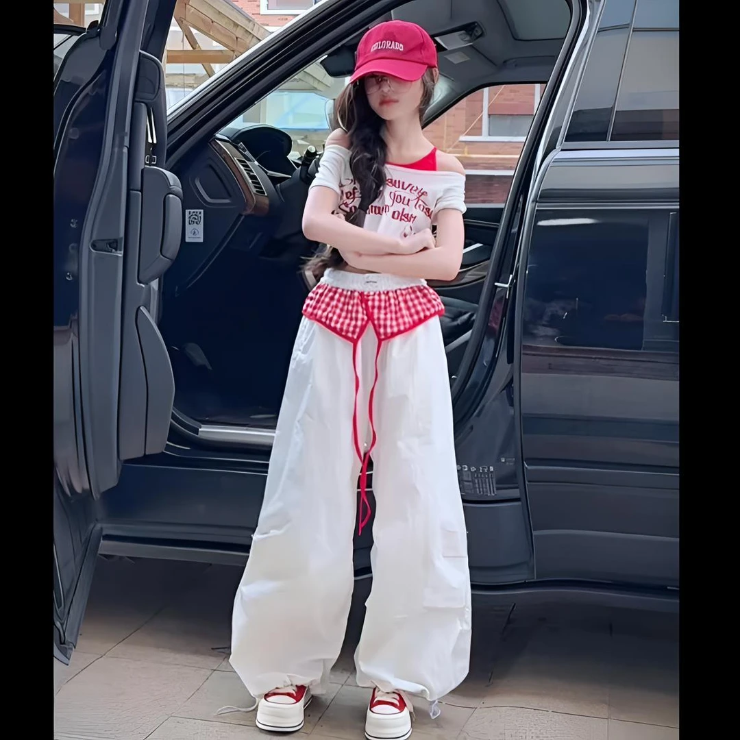 女童夏装白色屁帘工装裤一字吊带衫短袖辣妹大儿童爵士舞甜酷套装