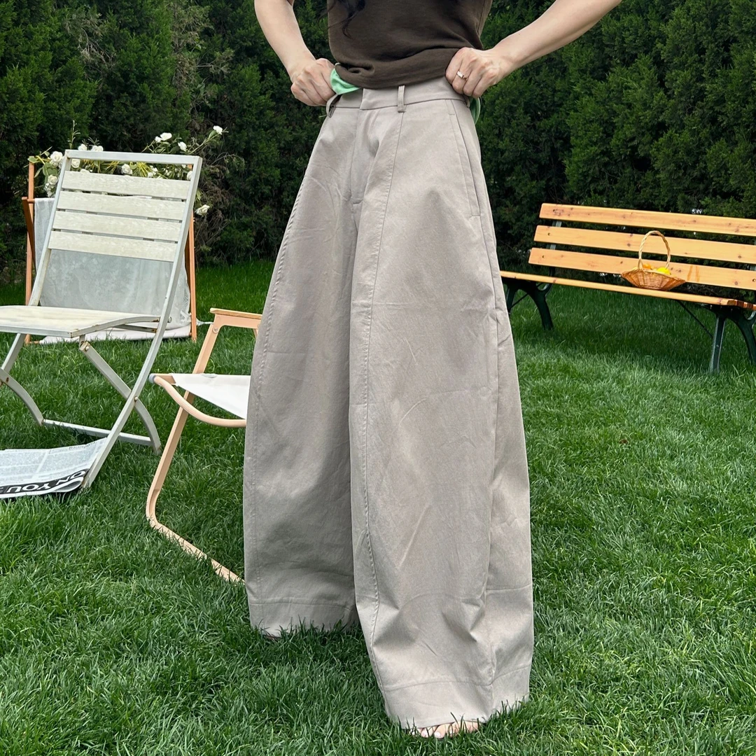 日系复古立体剪裁高腰直筒阔腿裤微弹力工装修身吸汗气球弯刀裤