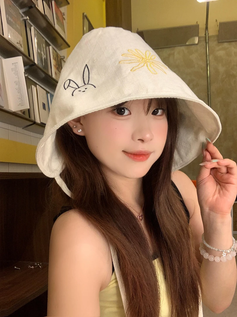 卡通刺绣小兔子绑带渔夫帽女夏季休闲百搭显脸小遮阳防晒太阳帽子