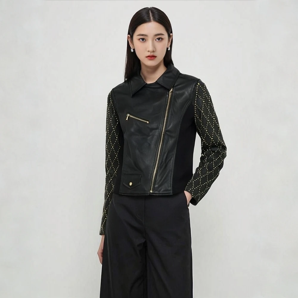 VERSACE/范思哲女士短款时尚黑色皮衣