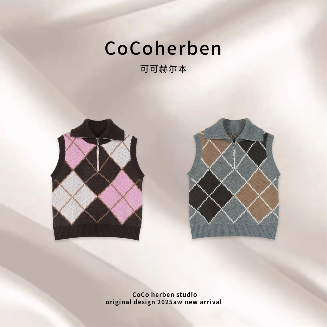 CocoHerben菱形不褪色女针织学院风马夹无袖网红韩版秋冬HB1305
