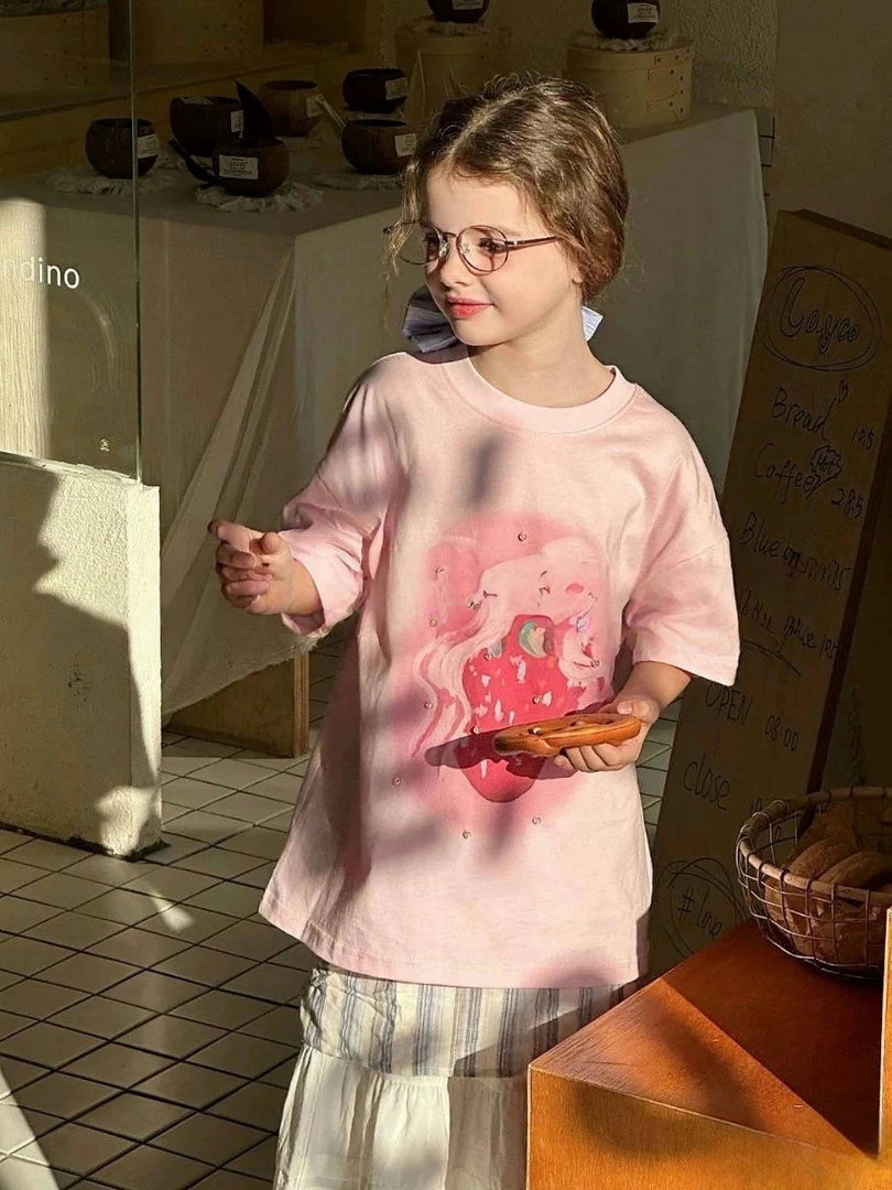 079-沫弛尔夏季新品草莓双色T恤女大童2025年款衣服儿童