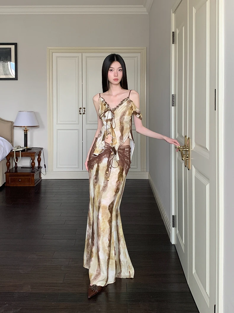 印花荷叶边蕾丝拼接不规则短款吊带背心半身长裙女夏日漂亮小套装