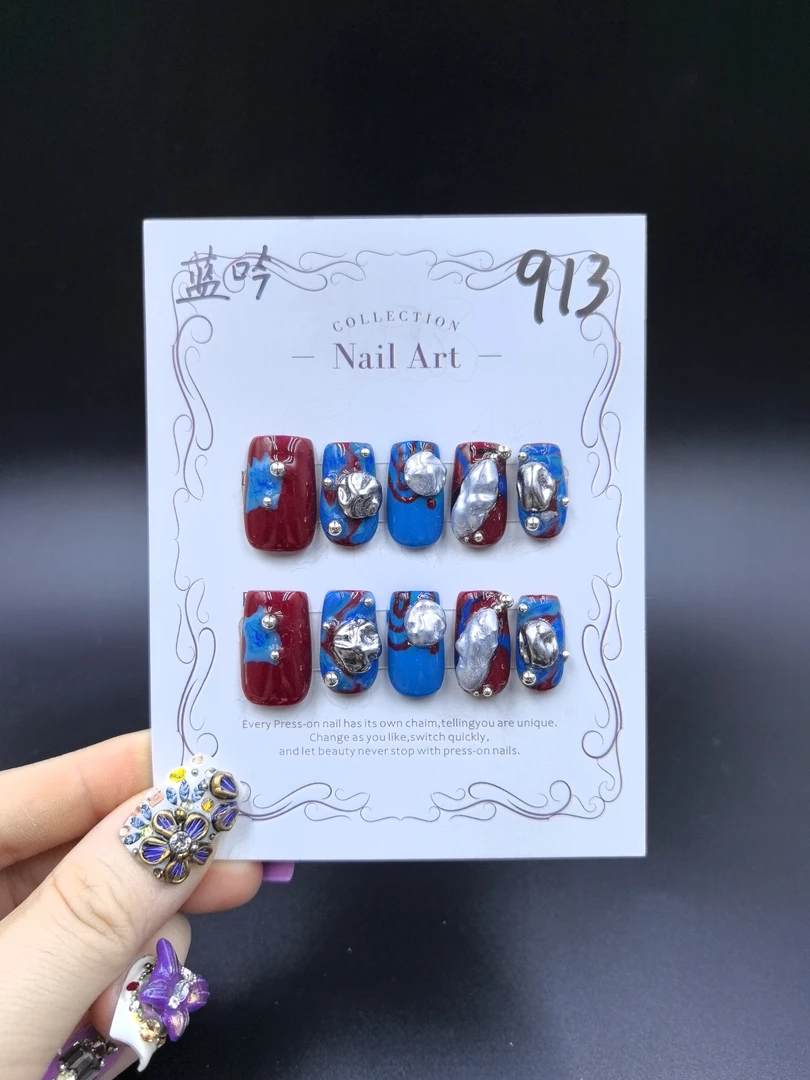 安夏 蓝吟 直角方 纯手工穿戴甲10片