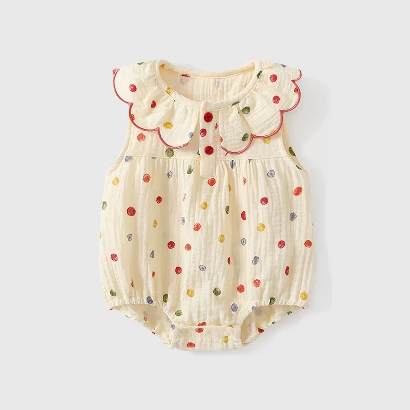 夏季新款女宝宝舒适无袖三角爬服波点圆领女婴哈衣