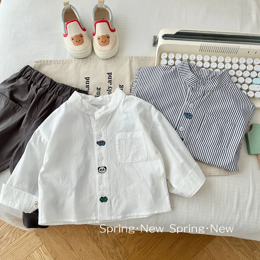 男童立领衬衫0-5岁春季韩式童装时尚简约卡通刺绣衬衣婴儿春装潮