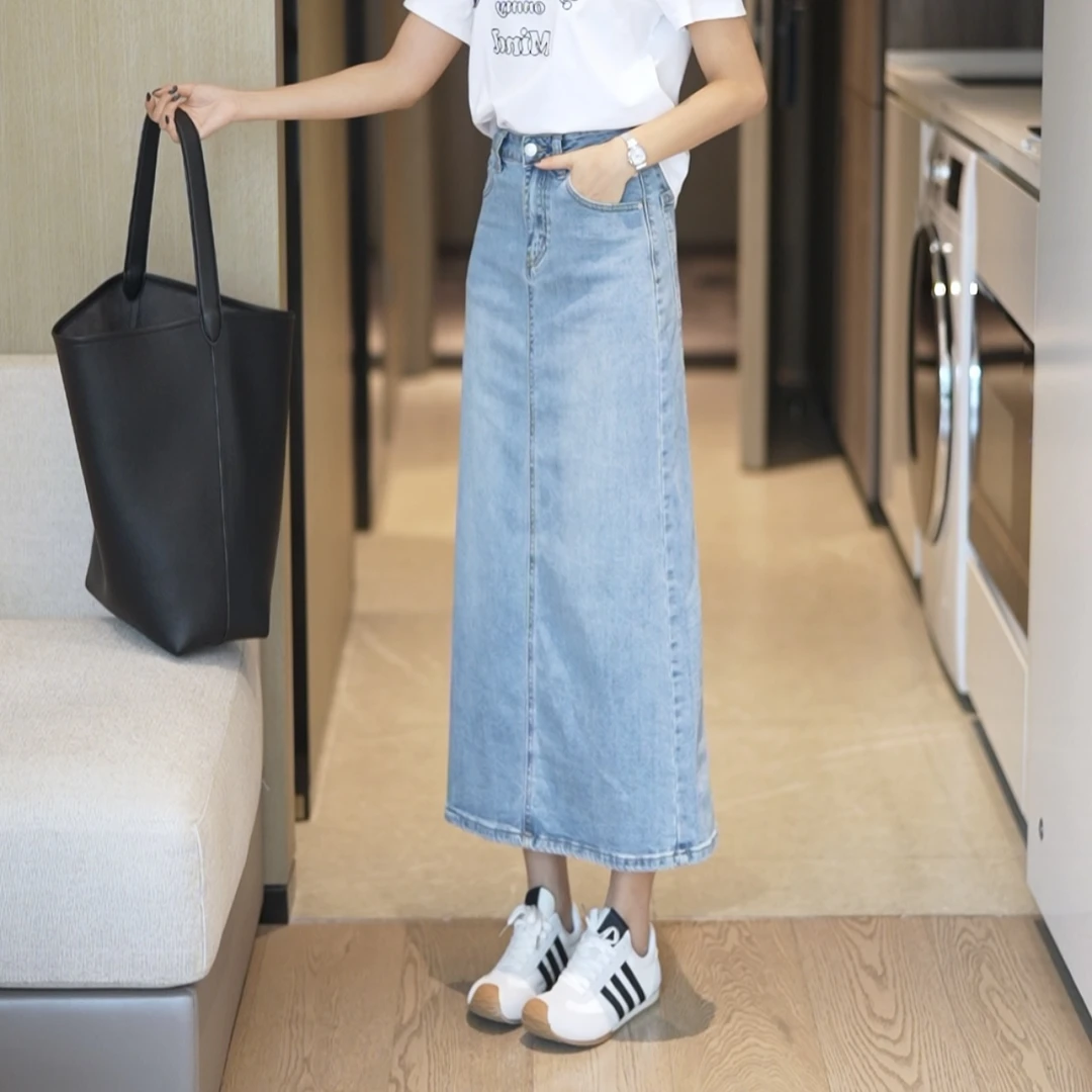 【高弹力】牛仔半身裙夏款舒适透气高腰显瘦后开叉长裙牛仔裙百搭