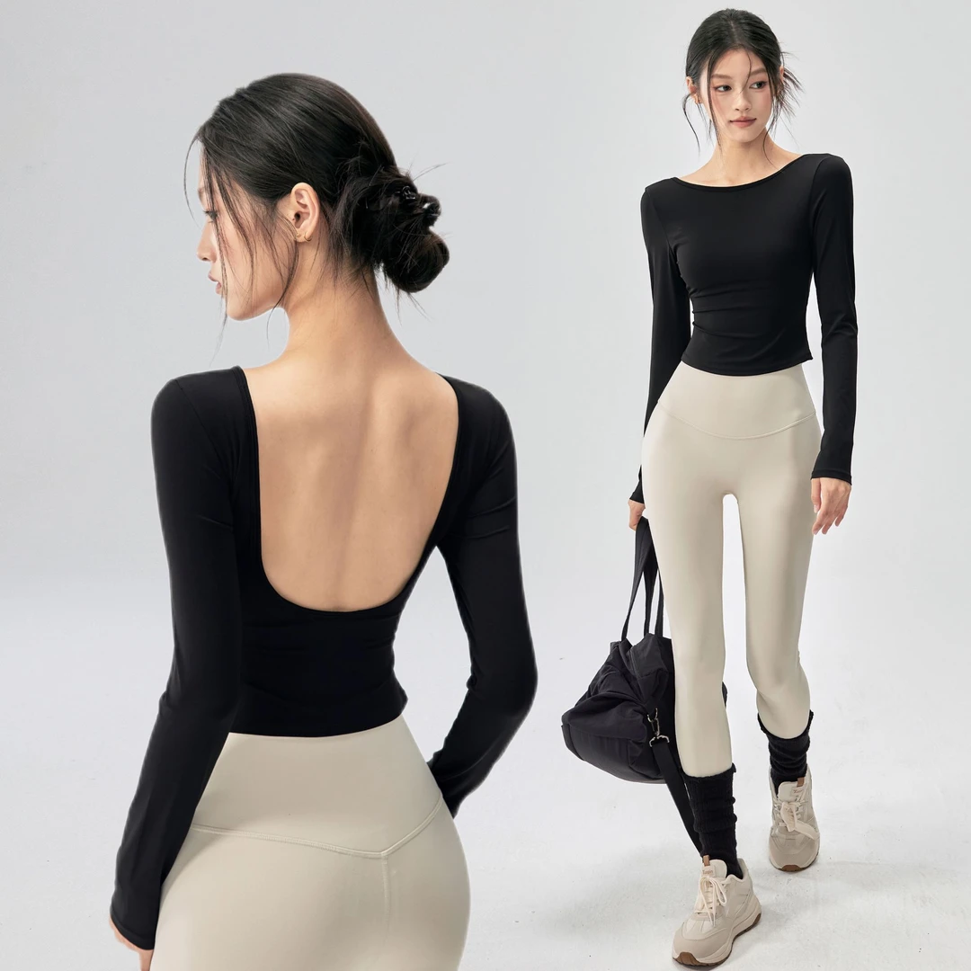 露背瑜伽服带胸垫女速干紧身显瘦性感健身长袖跑步训练运动上衣秋