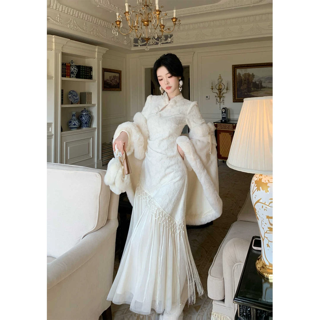 秋季气质水滴领女长袖连衣裙新中式假两件绣花旗袍中国风长裙8311