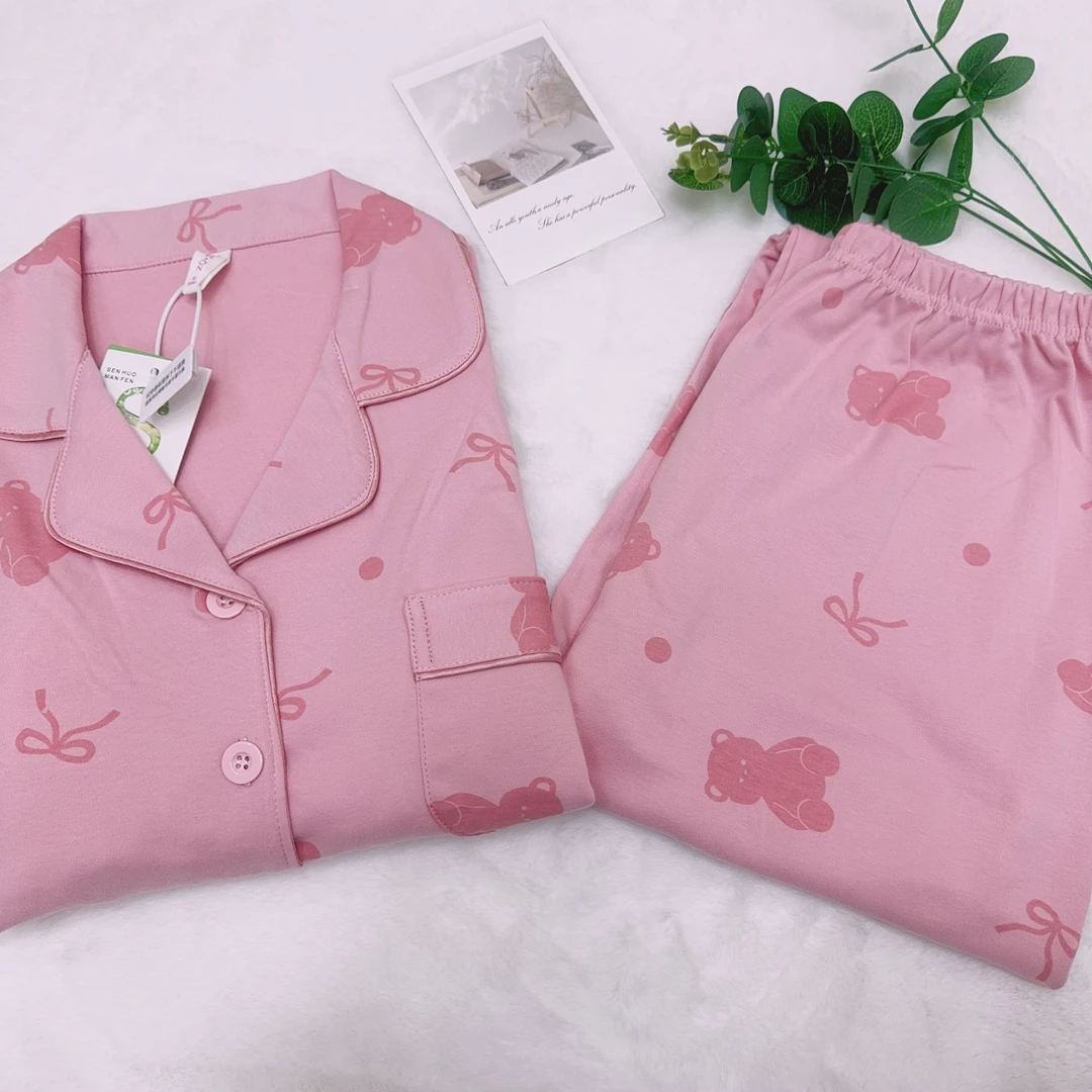 042%冬款加厚100%纯棉粉色长袖翻领开衫带胸垫女士睡衣套装家居服