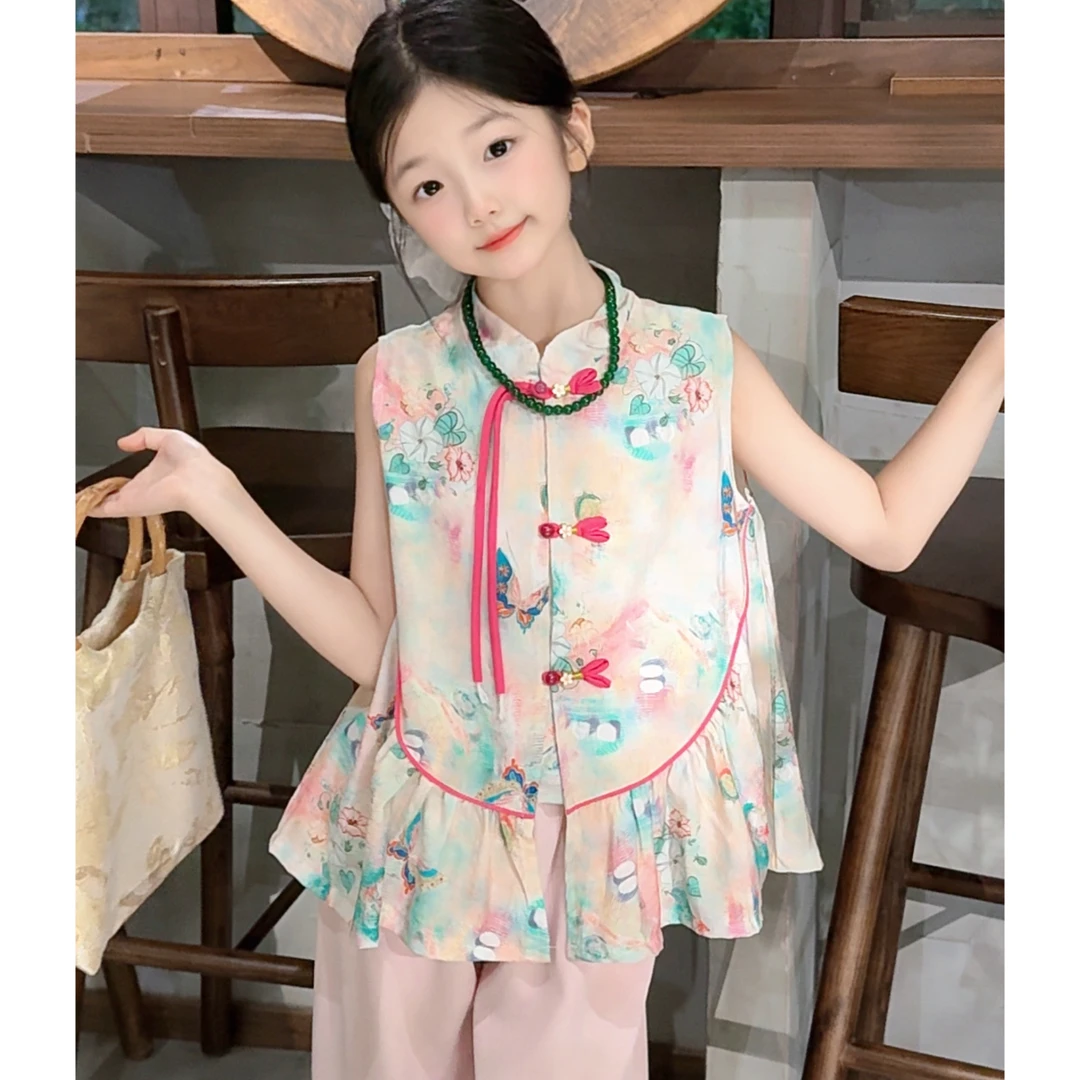 女童夏季新中式无袖娃娃衫裤子两件套