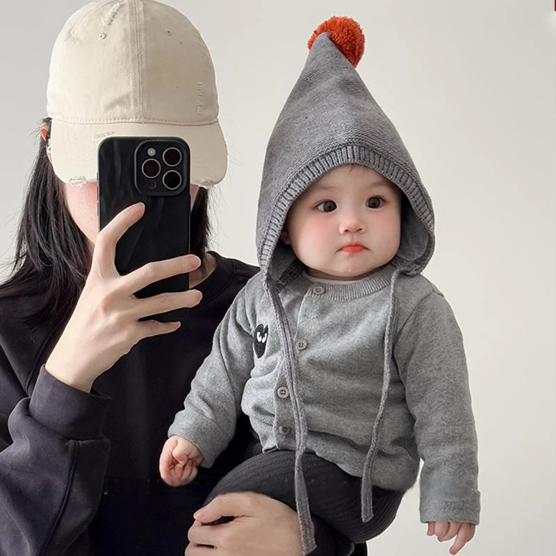 韩版婴儿帽子冬季洋气简约尖尖精灵帽男女宝凹造型毛球针织护耳帽