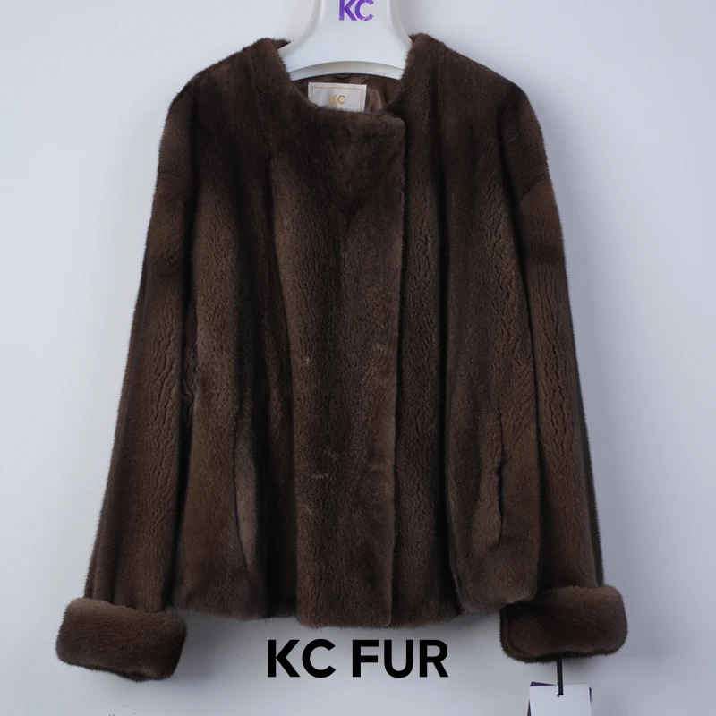 KC【KC皮草】天然皮草-咖啡圆领直袖65cm