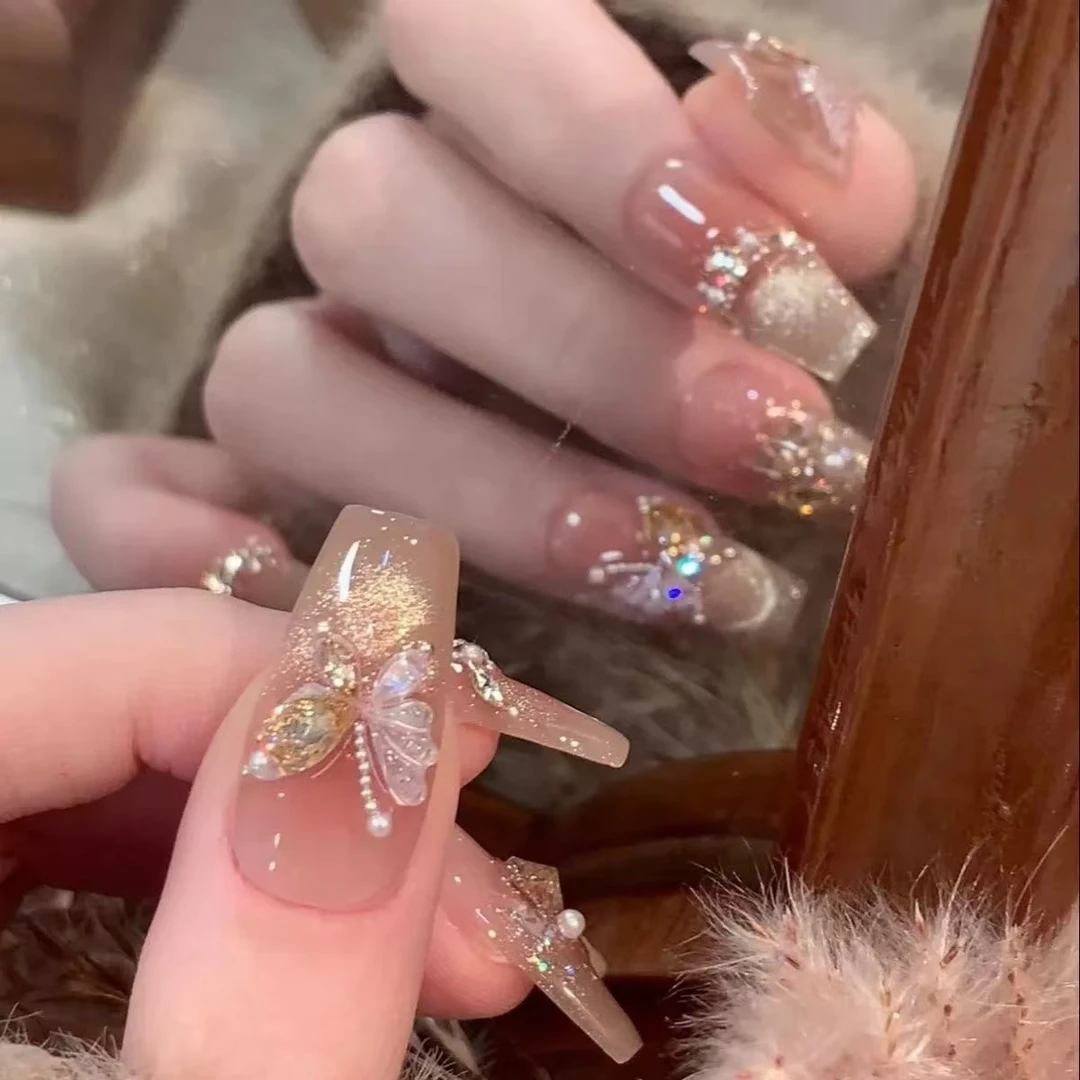 [茶棕]纯手工穿戴甲纯欲风秋冬冰金光猫眼腮红碎钻显白爆闪美甲