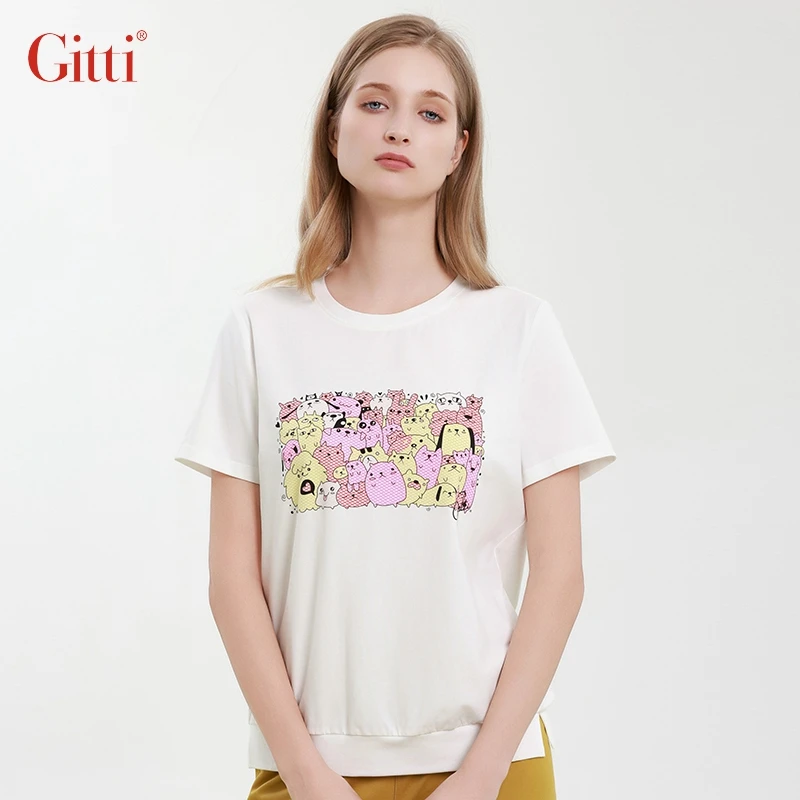 Gitti/吉蒂2025春夏新款减龄印花T恤女棉感大码短袖上衣G251004