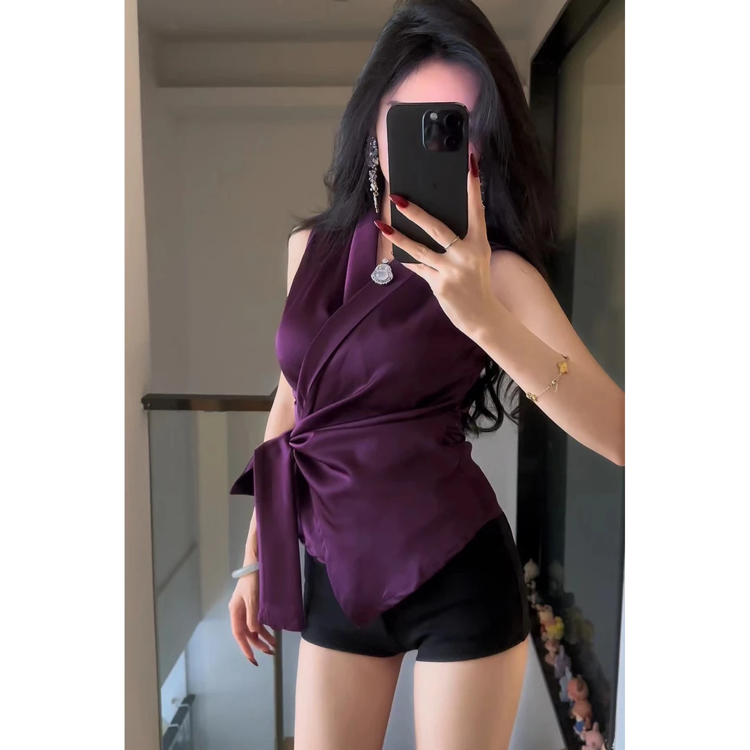 【港岛日落】法式V领缎面无袖衬衫女夏季设计感气质修身衬衣显瘦