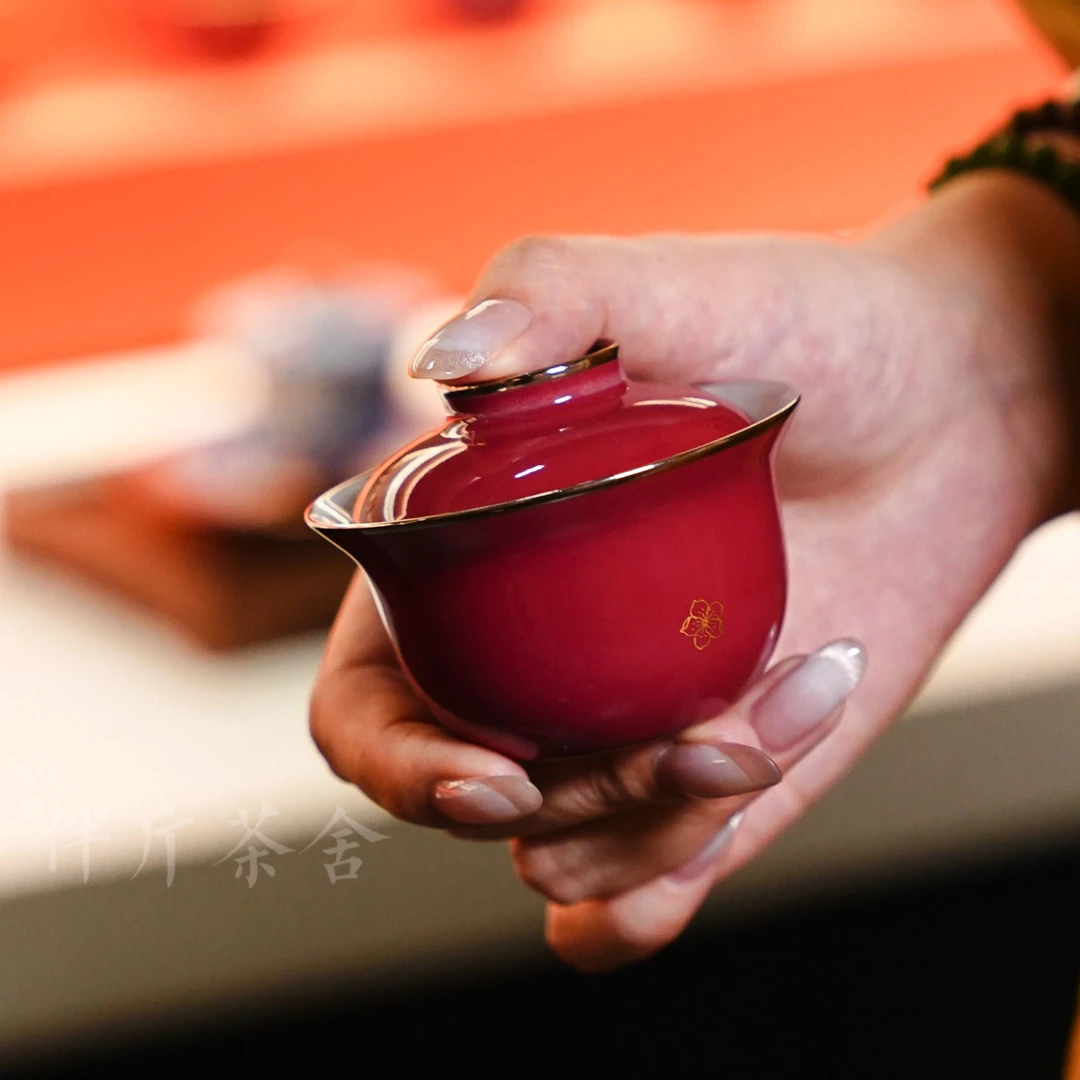 华隐堂   玫瑰红宝宝盖碗  茶具茶道手工主人杯手绘