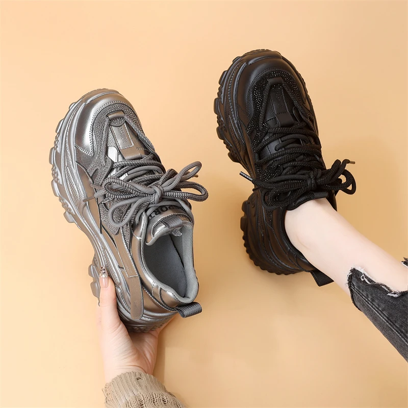 欧货老爹鞋女2025春秋新款水钻轻底百搭休闲厚底增高小个子休闲鞋