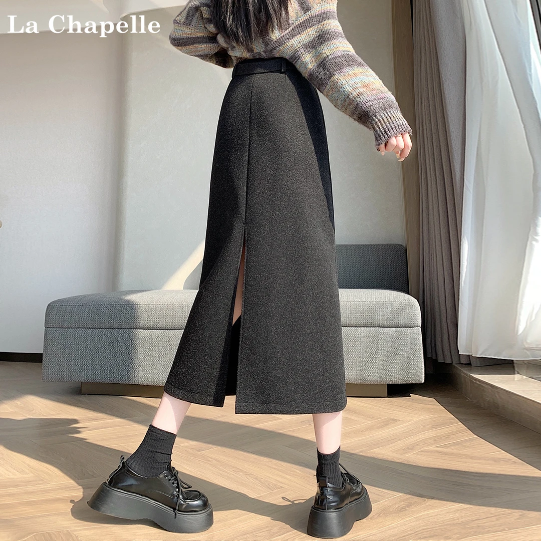拉夏贝尔秋冬新款韩系加厚毛呢中长包臀一步裙后开叉半身a字裙女