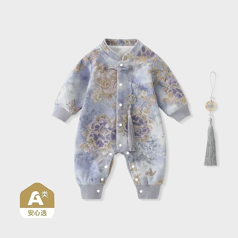 婴幼儿春秋中式连体哈衣复古花卉盘扣流苏 A类柔软保暖国风穿搭选