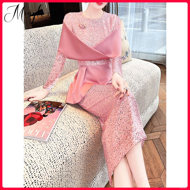 秋季甜美宴会风高端名媛气质连衣裙小众设计亮闪闪收腰风情万种裙