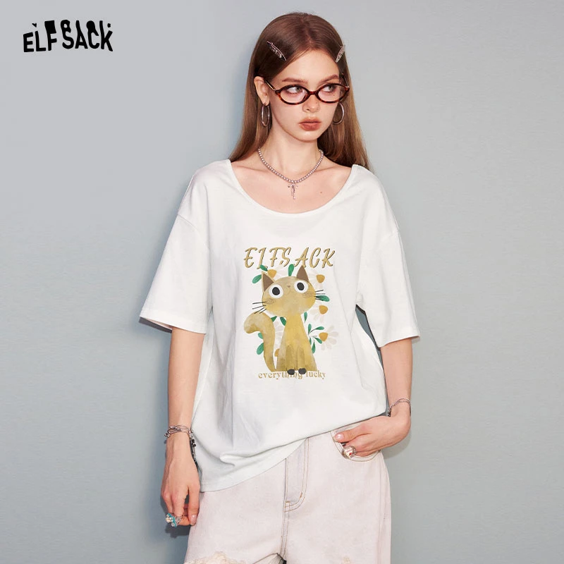 妖精的口袋圆领猫咪印花T恤2025夏宽松版型慵懒感穿搭25205437