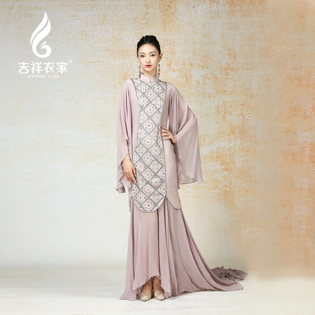 吉祥衣家新中式国风夏款高端气质显瘦修身女装烟霞羽裳连衣裙