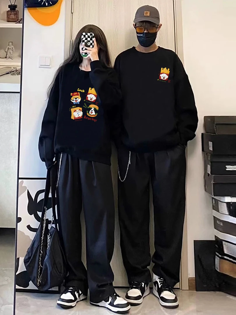 【两件装】加绒加厚情侣装宽松圆领印花薯条百搭秋冬新款卡通卫衣