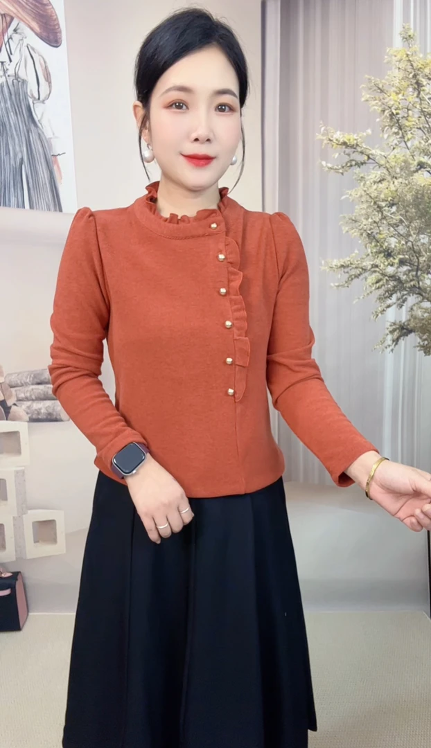 秋冬洋气木耳边加绒保暖长袖女士百搭显瘦衬衣打底衫纯色上衣8998