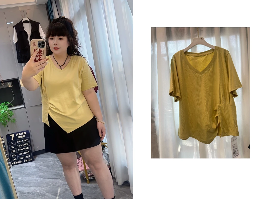 33712夏装新款胖mm大码女韩版时尚v领不规则纯色短袖T恤