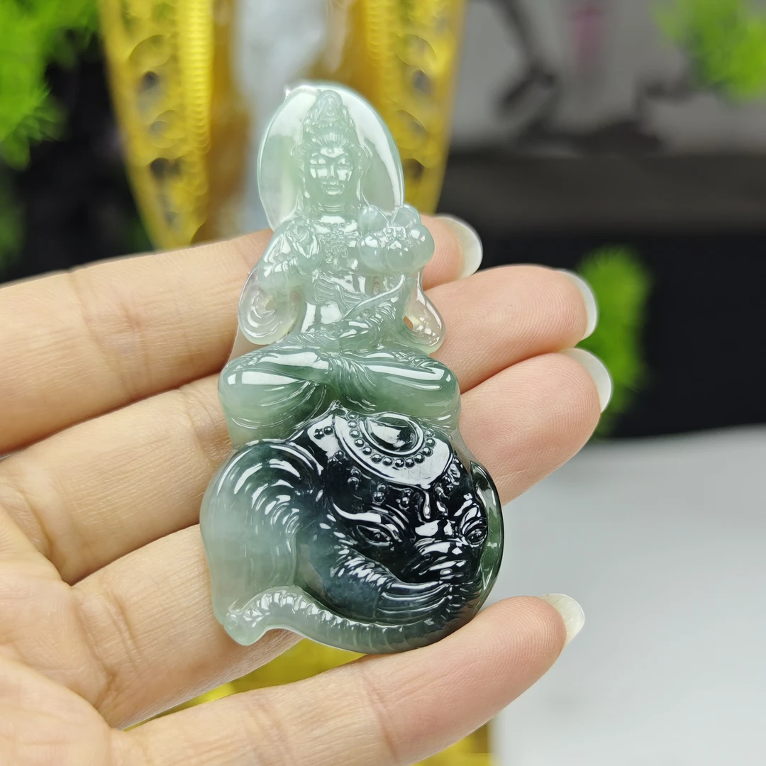 天然缅甸A货翡翠冰种普贤吊坠，成品，可镶嵌。尺寸63.8*31.8*5.7mm