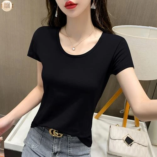 简约ins烟灰色韩式短袖T恤女棉上衣新款半袖圆领正肩纯色简约ins