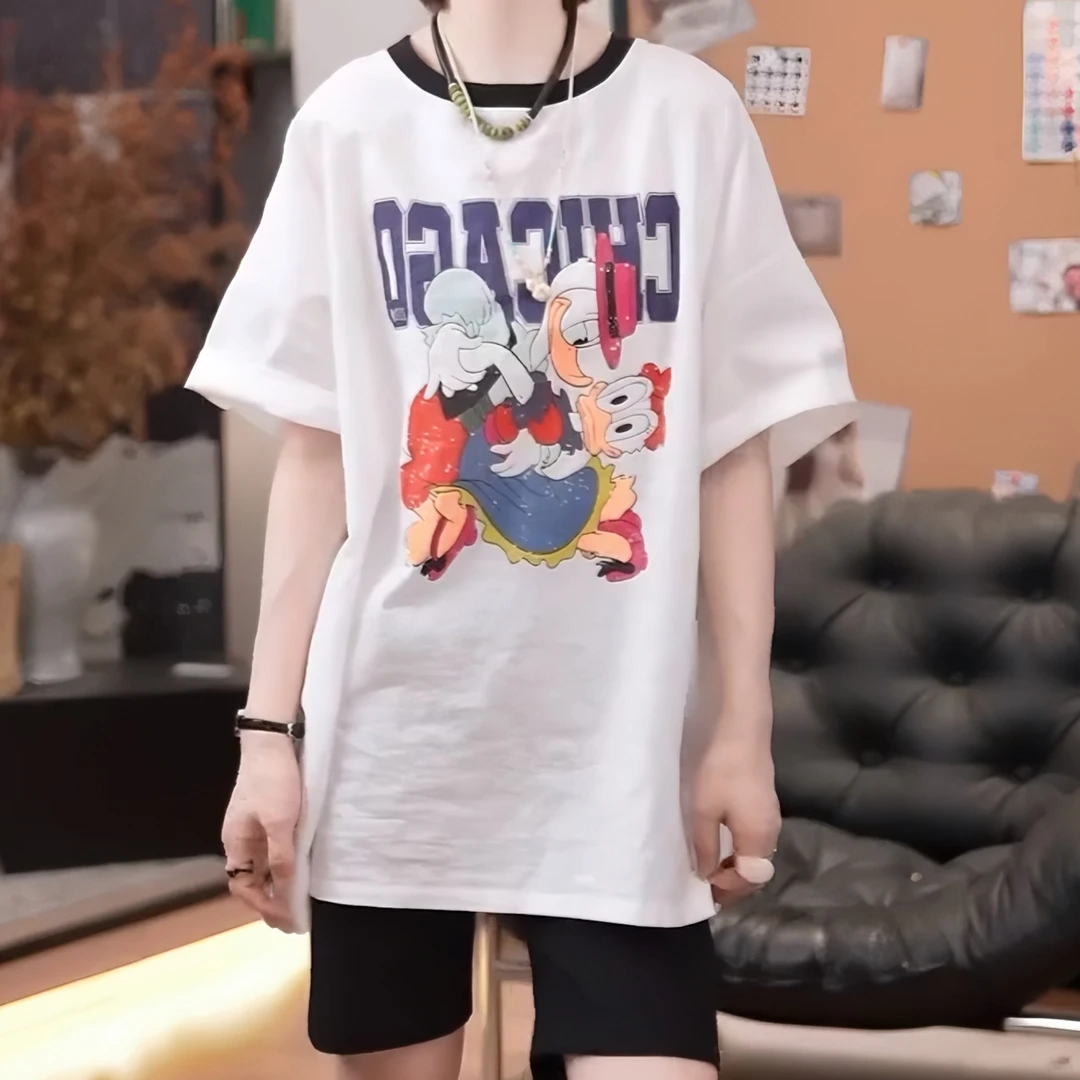 《卡通短袖t》夏季时尚休闲百搭潮流舒适显瘦宽松遮臀短袖T恤女上衣
