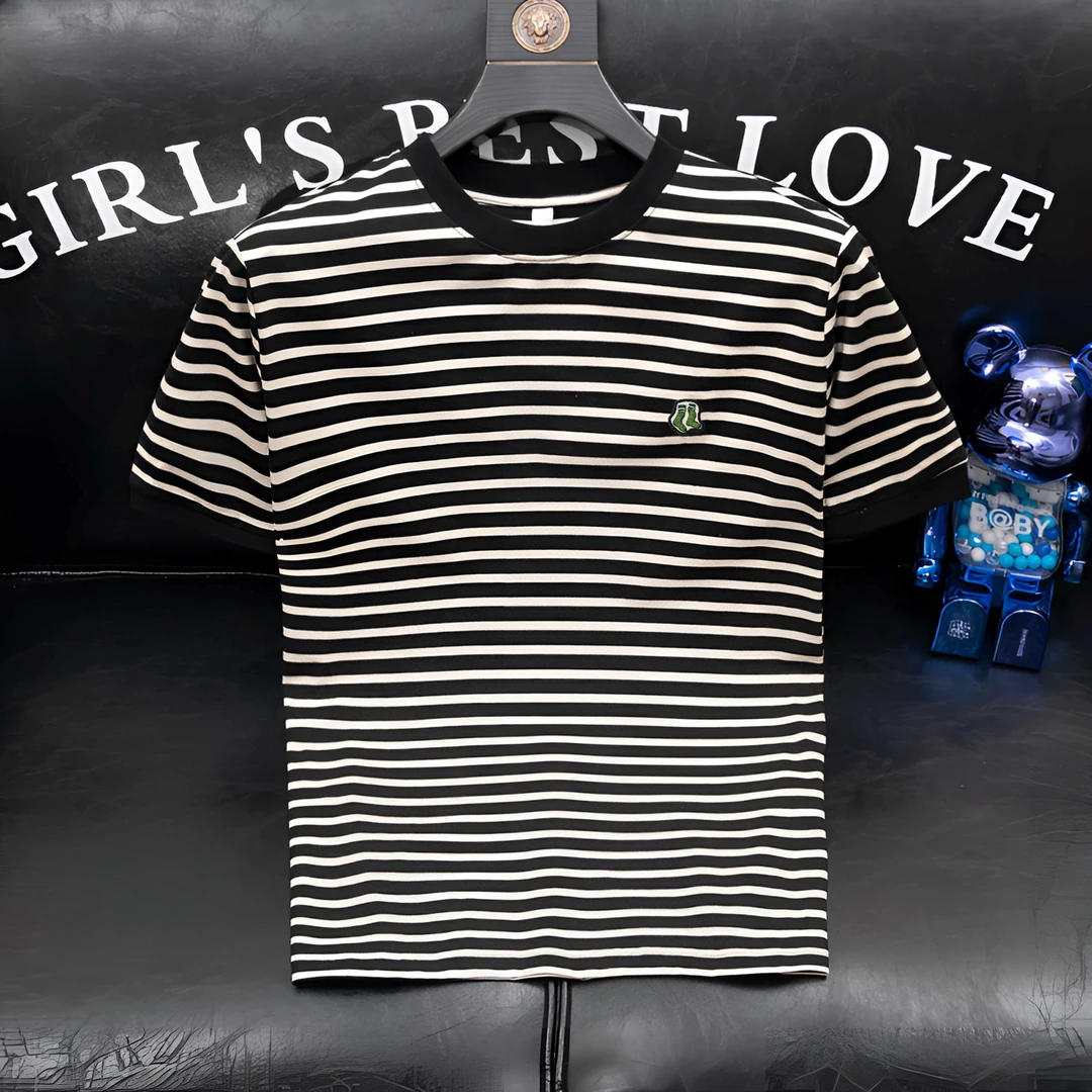 美式潮流条纹短袖青年时尚流行个性创意刺绣T恤休闲百搭男士夏季