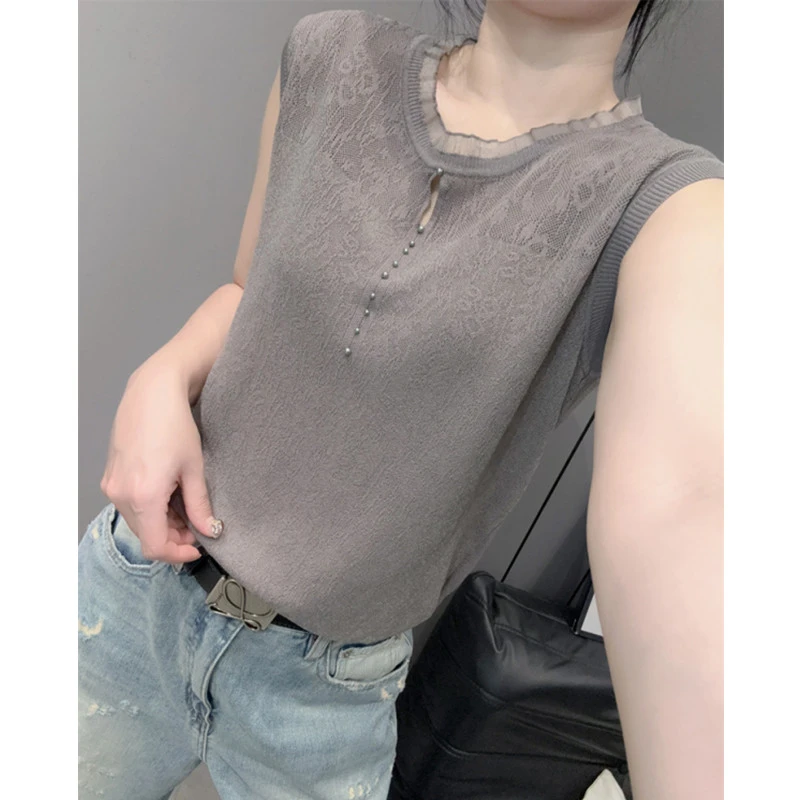 时髦提花钉珠冰丝针织衫短袖女气质百搭镂空显瘦宽松上衣夏季欧货