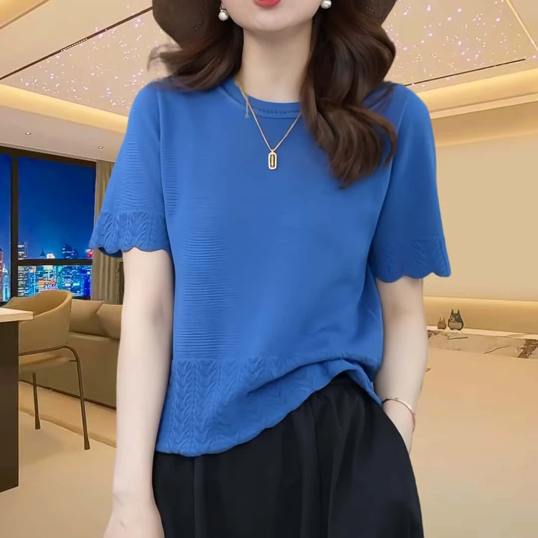 夏季宽松钩花领短袖针织衫女2025新款休闲设计感花边百搭小众上衣