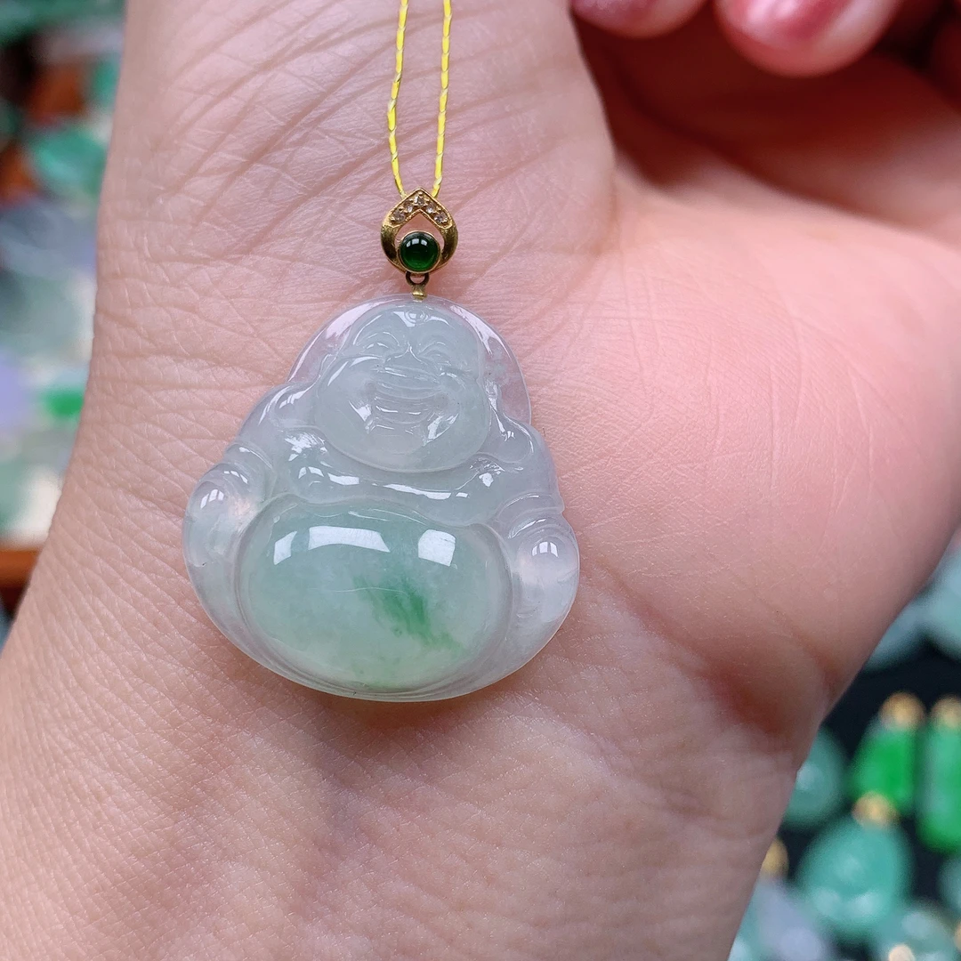 缅甸天然A货翡翠，冰飘花佛公，编号338/1217尺23.6-23.3-6